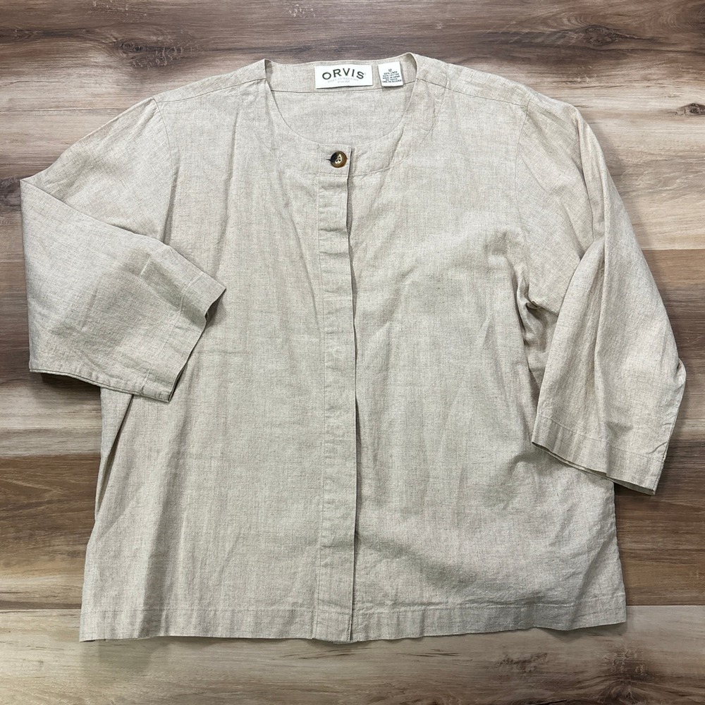Orvis Linen Cotton Collarless Shirt Jacket Womens 12 Natural Beige lagenlook